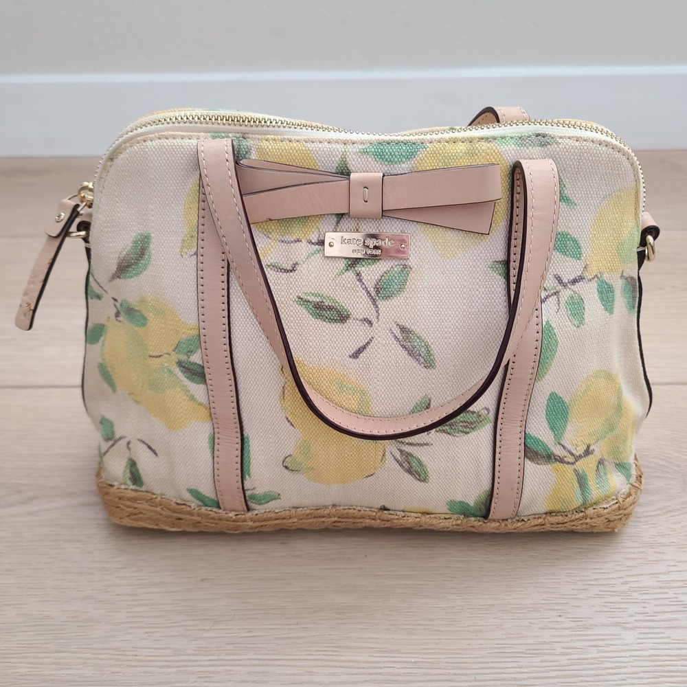 Kate‎ Spade Capri Maise Satchel Cream Yellow Lemon Print Beige Trim Summer Bag